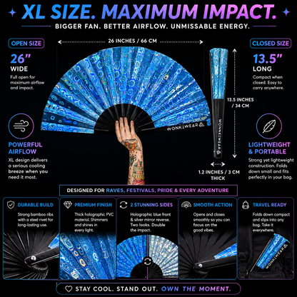 Size guide showing dimensions of XL blue holographic festival fan