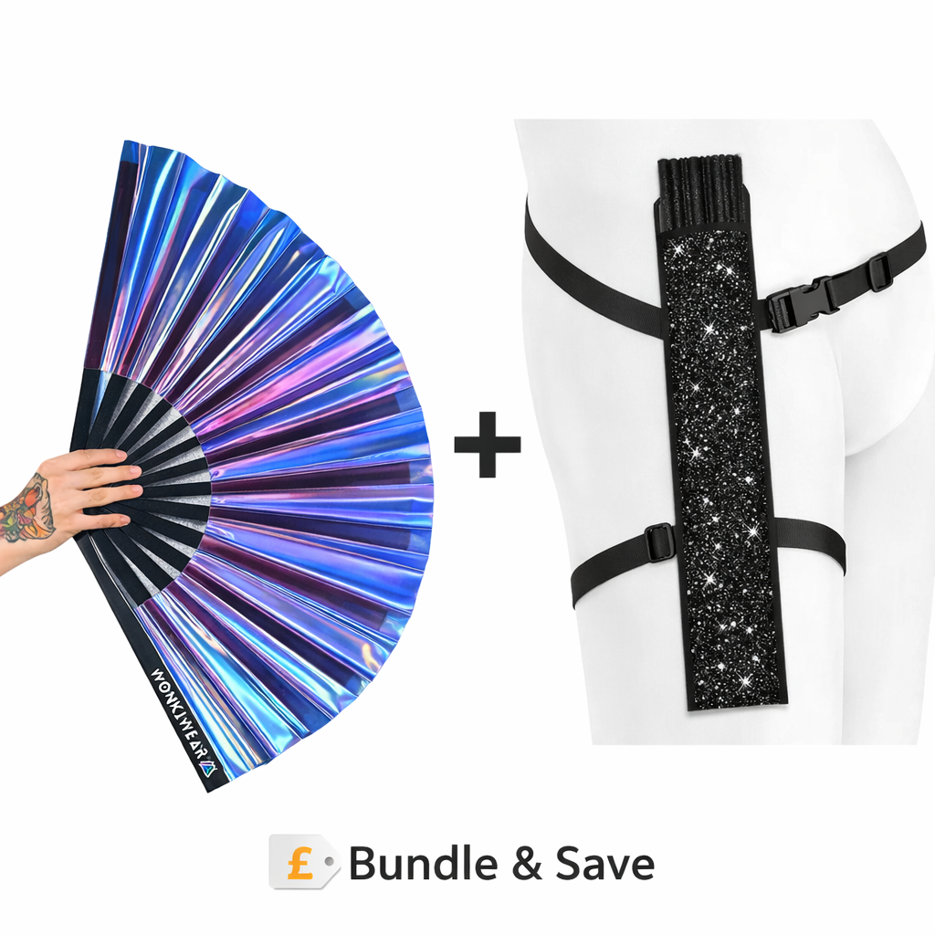 Blue iridescent fan with black glitter holster