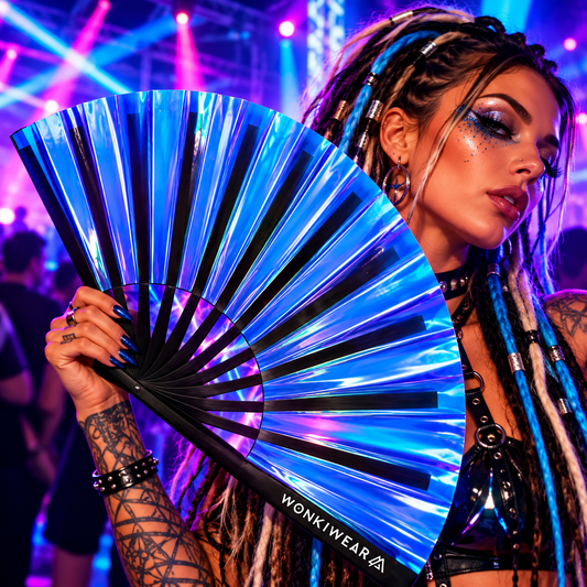 Woman holding a blue iridescent festival fan with black ribs at an underground neon rave.