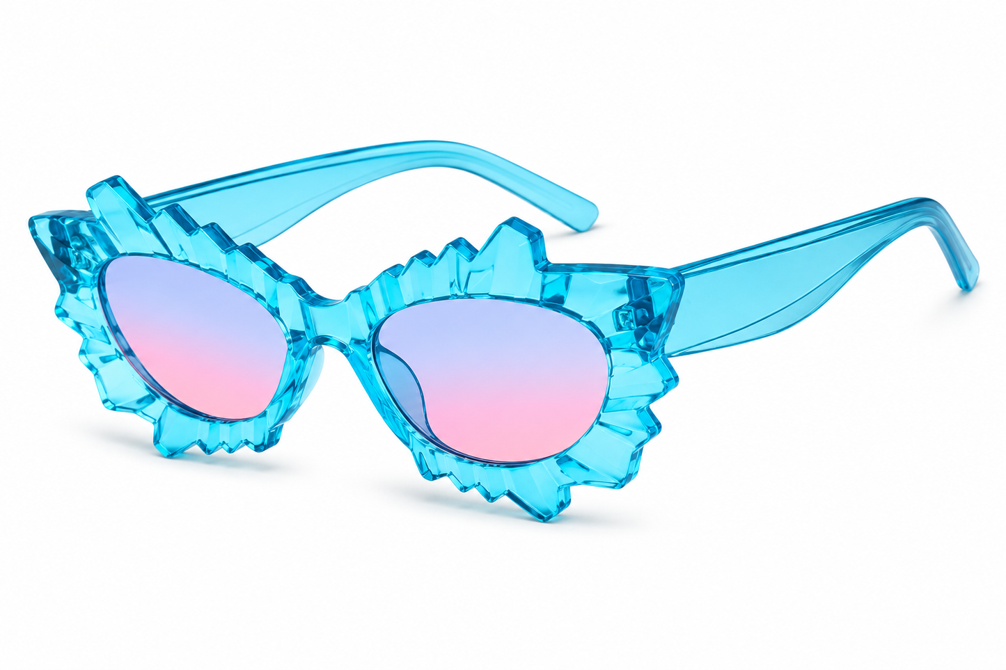 Angled view of blue irregular cat eye rave sunglasses