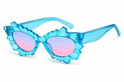 Angled view of blue irregular cat eye rave sunglasses