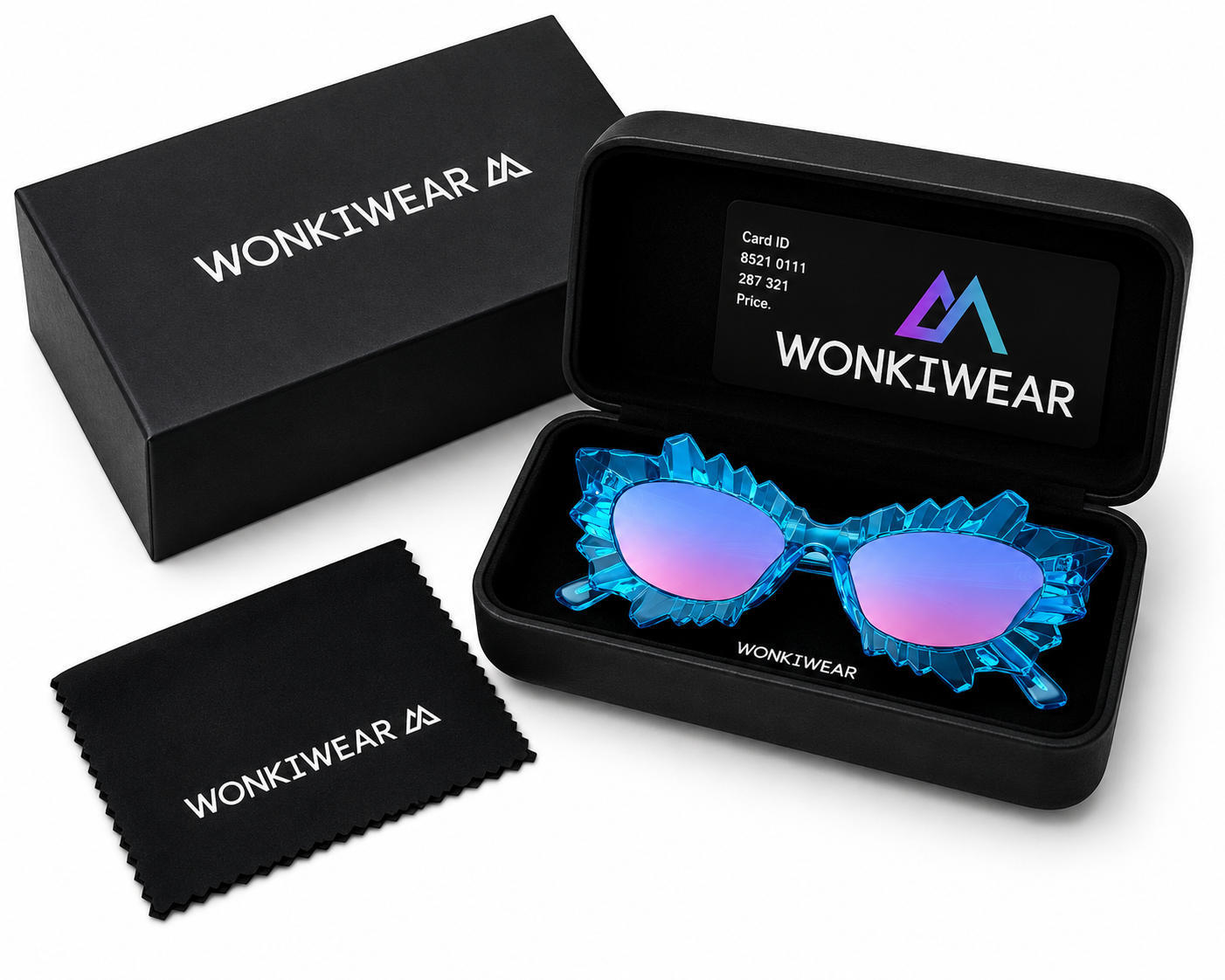 Blue irregular cat eye sunglasses in WonkiWear premium gift box