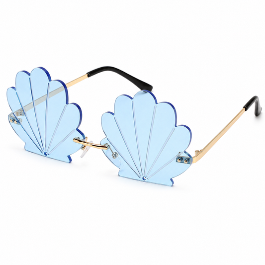 Blue mermaid shell festival sunglasses on white background
