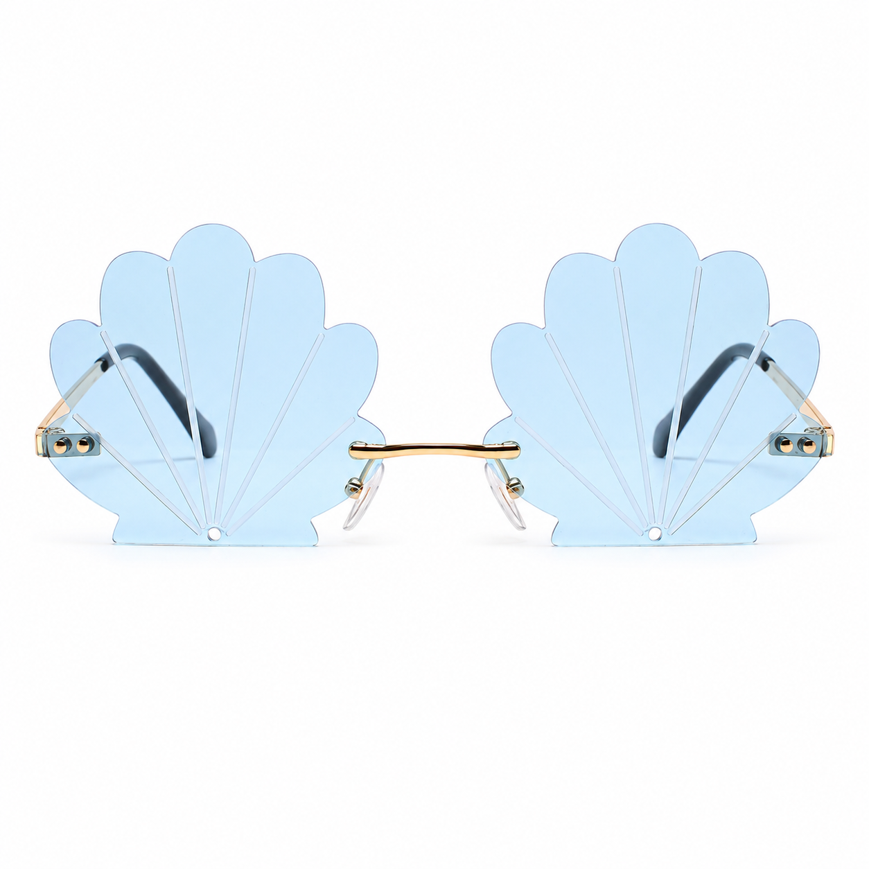 Front view of blue mermaid shell statement sunglasses