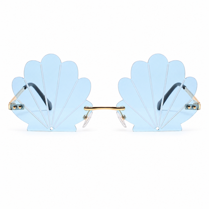 Front view of blue mermaid shell statement sunglasses