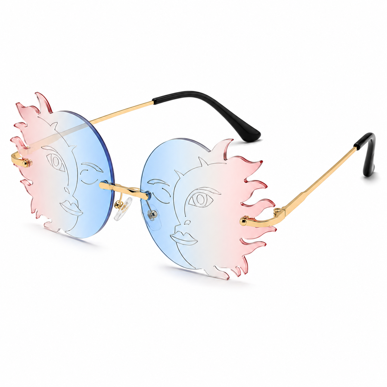 Blue and pink sun moon shaped festival glasses angled product view