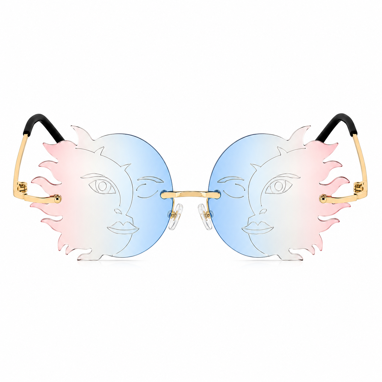 Blue and pink sun moon shaped festival glasses front view