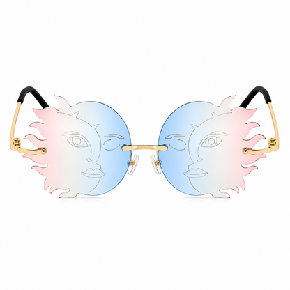 Blue and pink sun moon shaped festival glasses front view