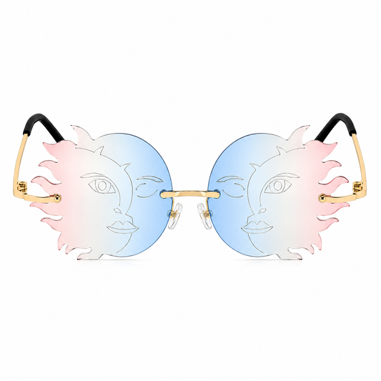 Blue and pink sun moon shaped festival glasses front view