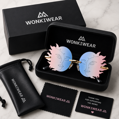 Blue and pink sun moon festival glasses in premium WonkiWear gift box