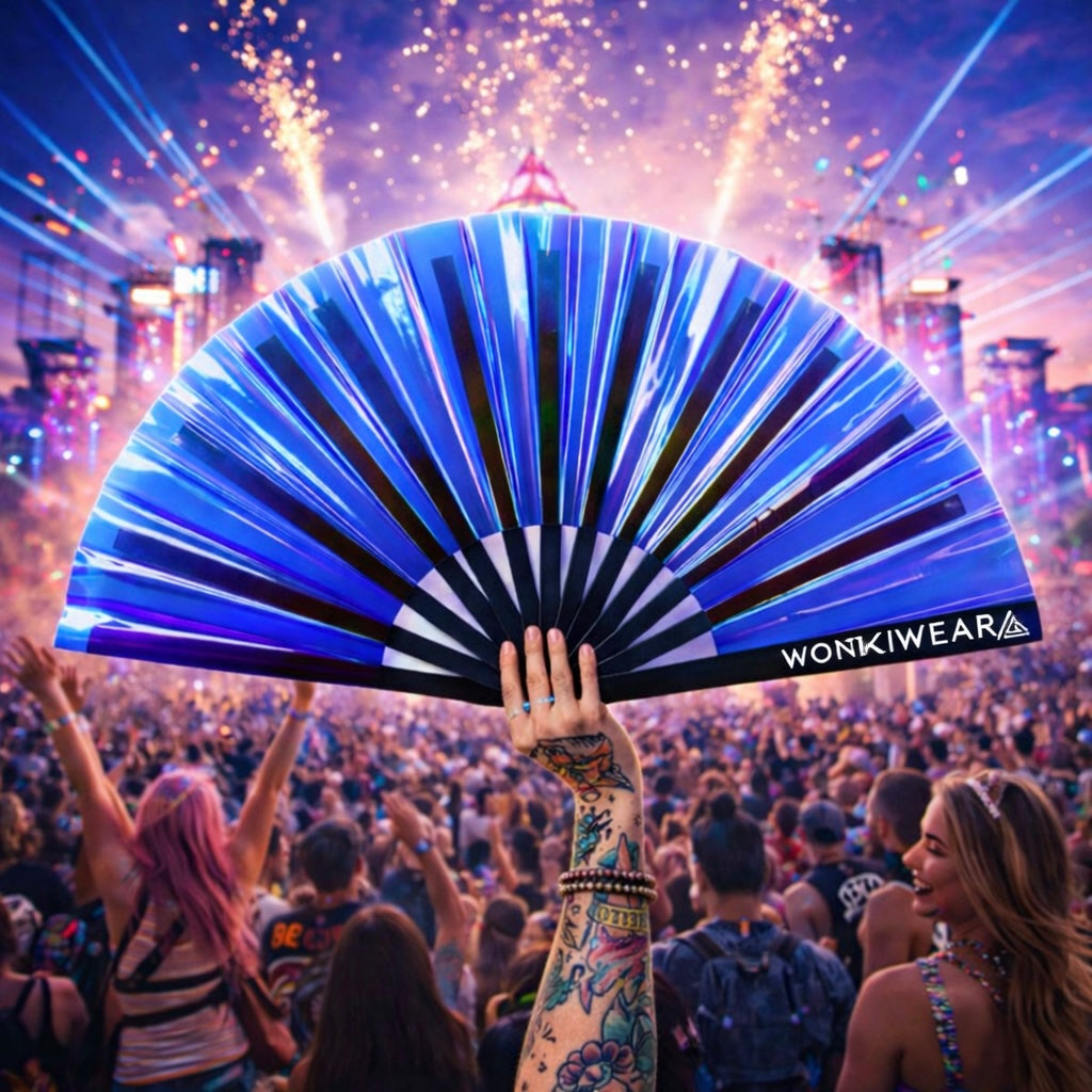 Blue iridescent festival fan UK holographic rave fan Lifestyle