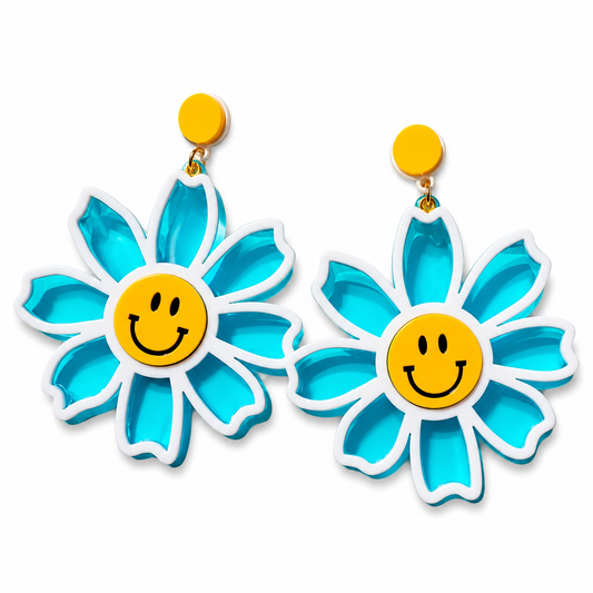 Oversized blue smiley daisy sun catcher earrings with transparent light-catching petals on white background