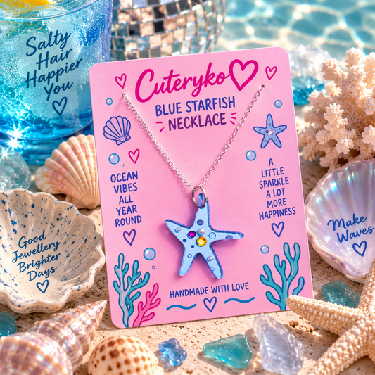 Blue Starfish Necklace with translucent blue acrylic starfish charm and colourful gem details by Cuteryko