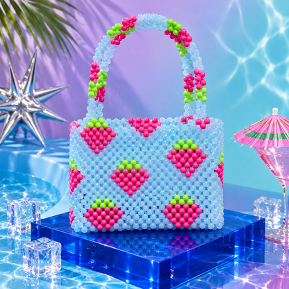 Blue Strawberry Shortcake Bead Bag with pink strawberry and green leaf bead details by Cuteryko