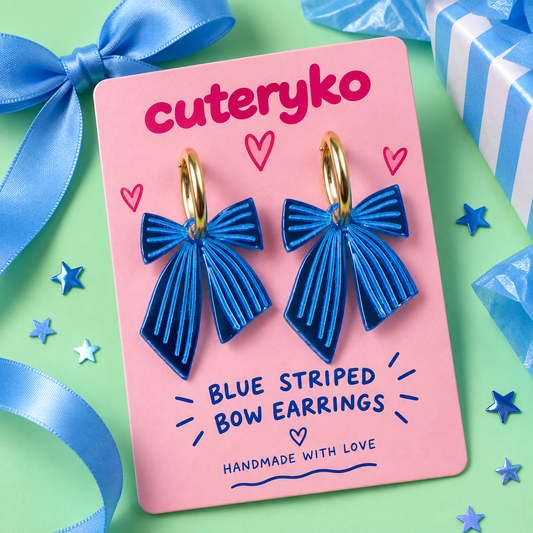 Blue striped bow hoop earrings with glossy acrylic charms by Cuteryko