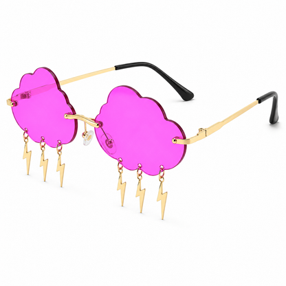 Bright magenta cloud shaped festival glasses with lightning bolt charms angled product view
