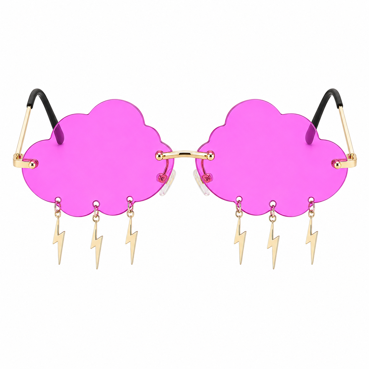 Bright magenta cloud shaped festival glasses with lightning bolt charms front view
