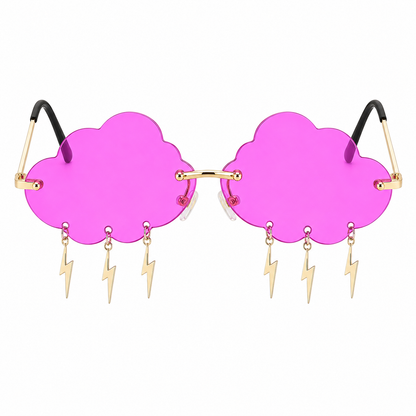 Bright magenta cloud shaped festival glasses with lightning bolt charms front view