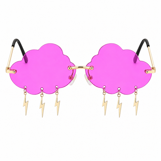 Bright magenta cloud shaped festival glasses with lightning bolt charms front view