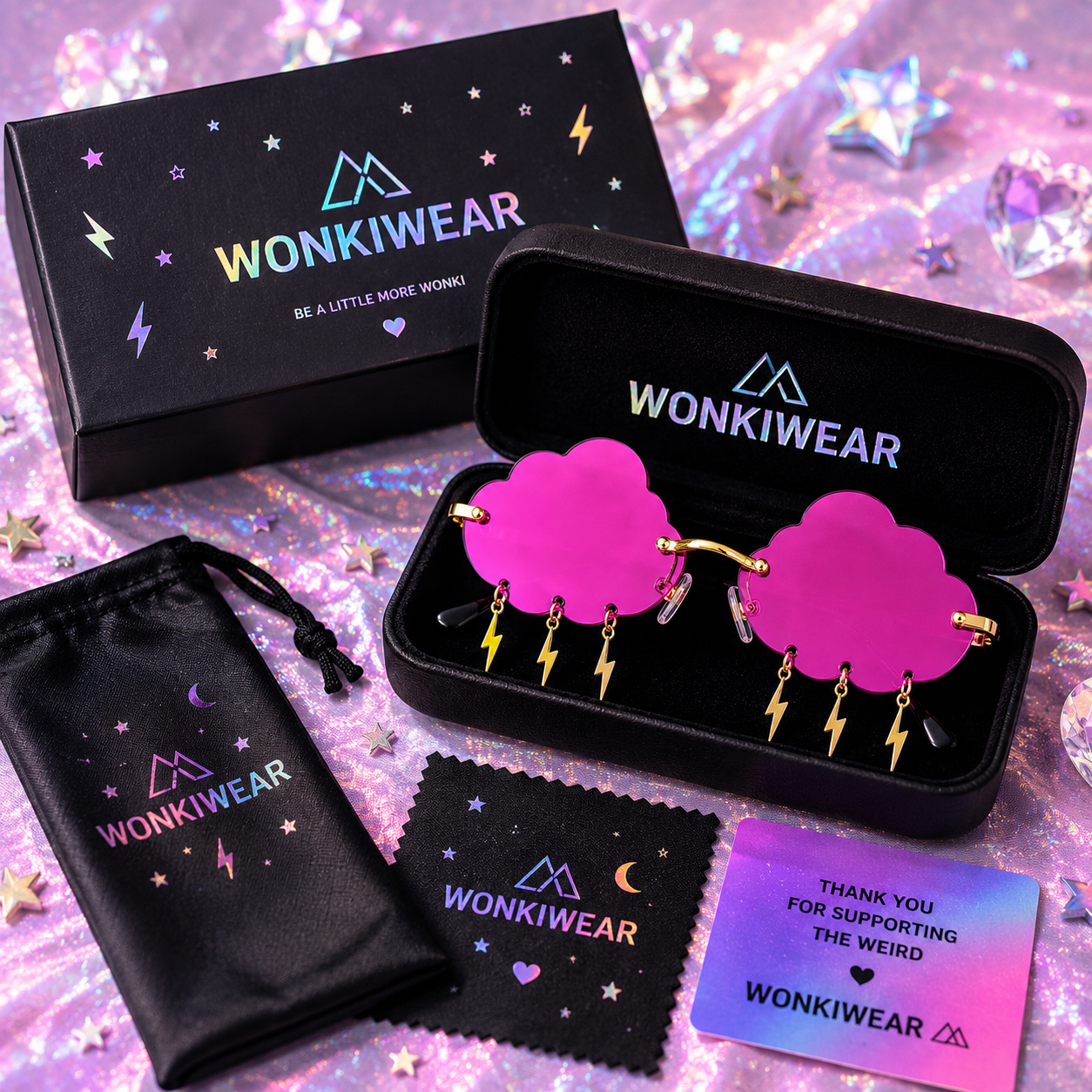 Bright magenta cloud lightning festival glasses in premium WonkiWear gift box