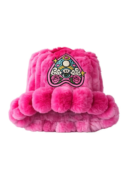 Bright pink psychedelic furry bucket hat handmade festival statement hat by WonkiWear