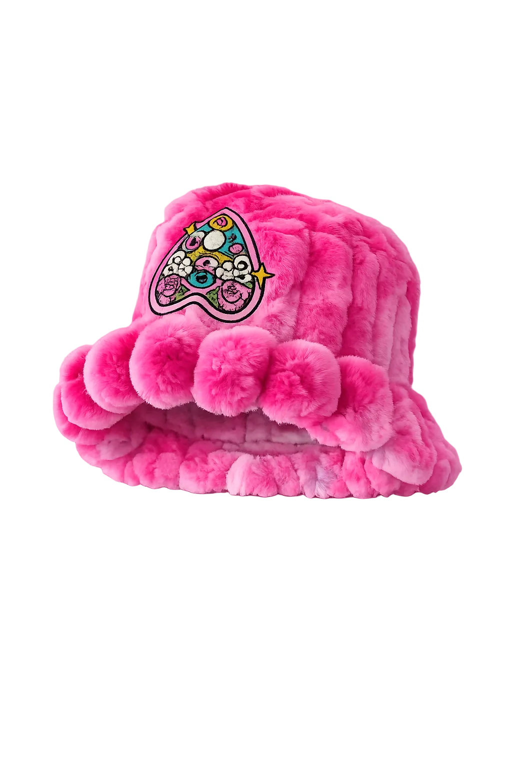 Side view of bright pink psychedelic furry bucket hat with embroidered patch by WonkiWear