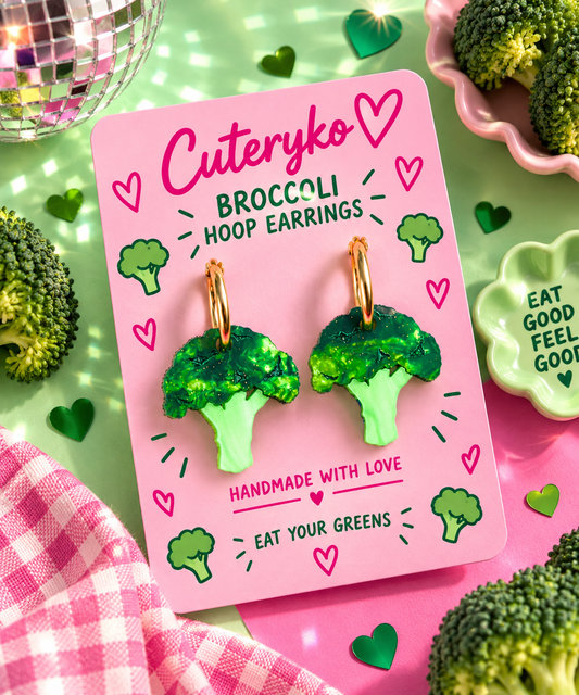 Broccoli hoop earrings with green acrylic broccoli charms by Cuteryko