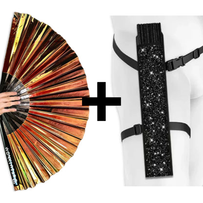 Bronze iridescent festival fan with black glitter holster strap bundle