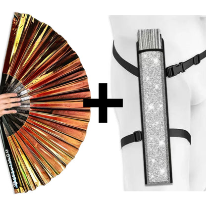 Bronze iridescent festival fan with silver glitter holster strap bundle