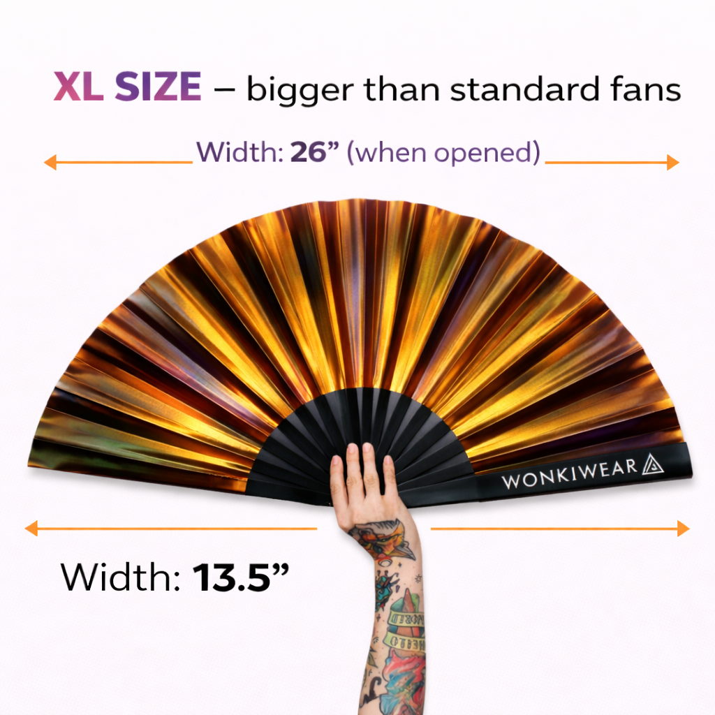 XL festival fan size guide showing 26 inch width when opened and compact fold size