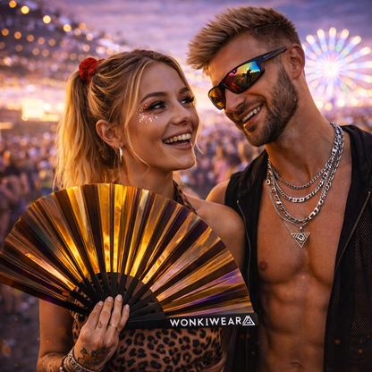 People enjoying festival wearing rave outfits holding bronze iridescent fan