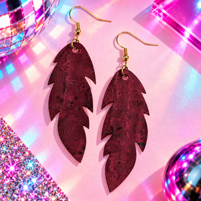 Burgundy cork leaf statement earrings with gold stainless steel hooks by Trend Tonic