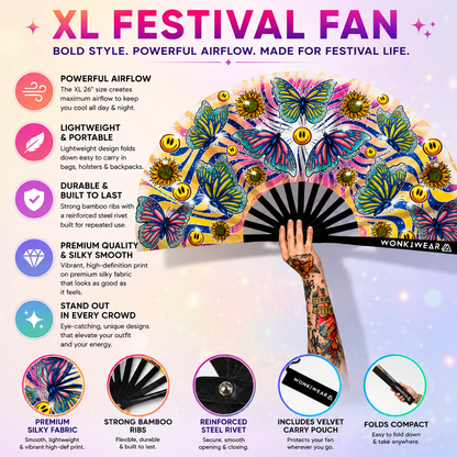 Benefits of the XL Butterfly Haven festival fan including powerful airflow, silky fabric and durable bamboo ribs