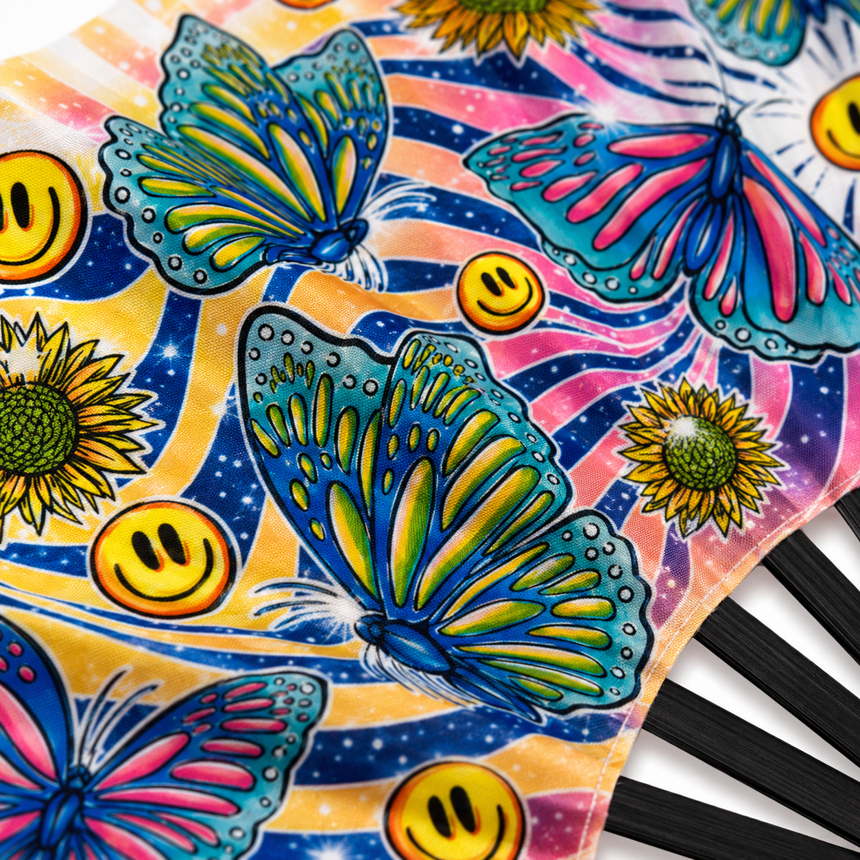 Close-up of colourful butterfly artwork printed on premium silky festival fan fabric