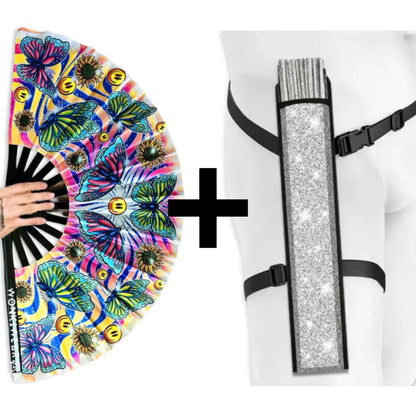 XL Butterfly Haven festival fan available with wearable silver glitter fan holster bundle
