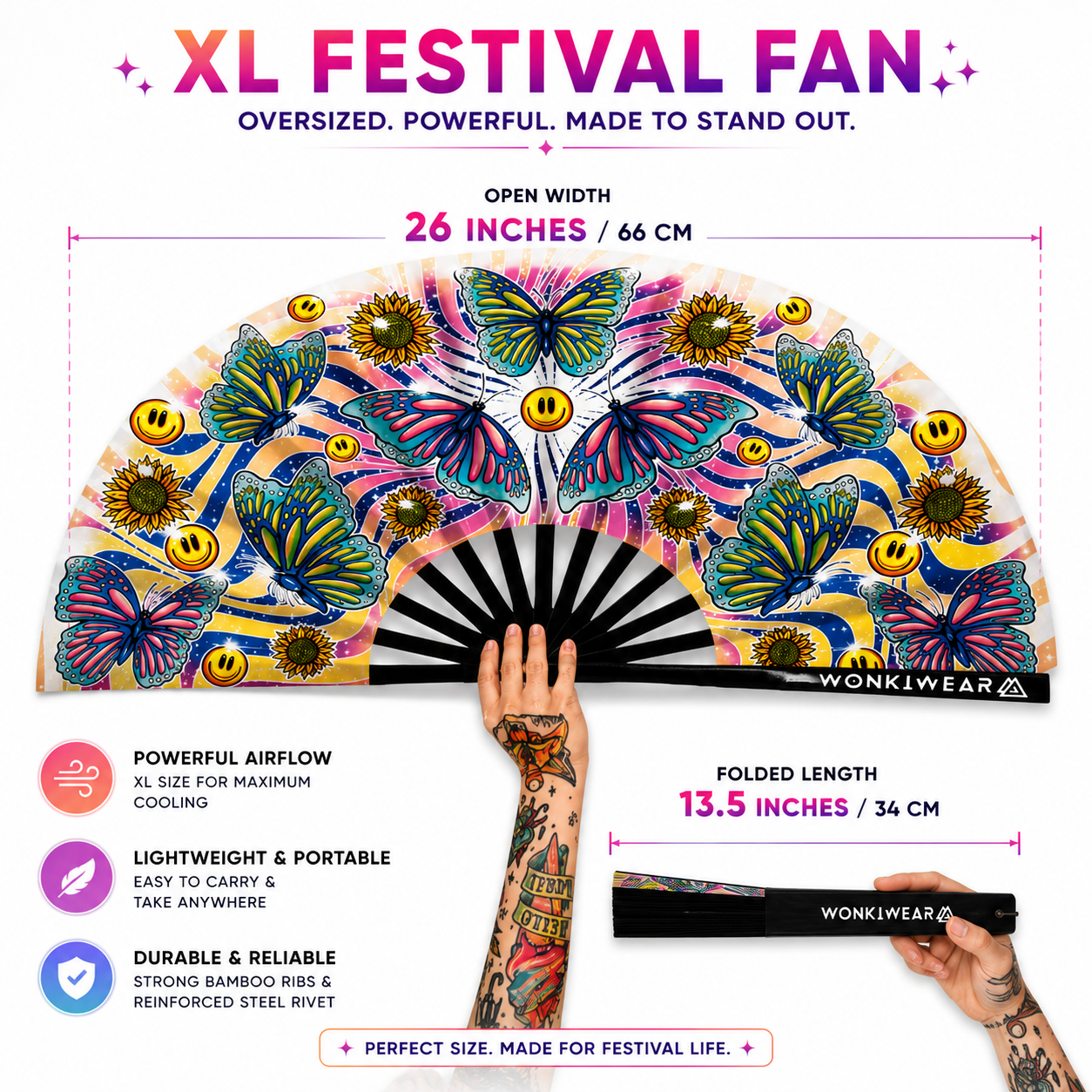 XL Butterfly Haven festival fan dimensions showing 26 inch open width and 13.5 inch folded length