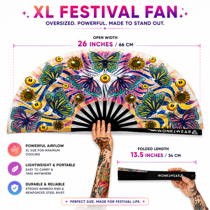 XL Butterfly Haven festival fan dimensions showing 26 inch open width and 13.5 inch folded length