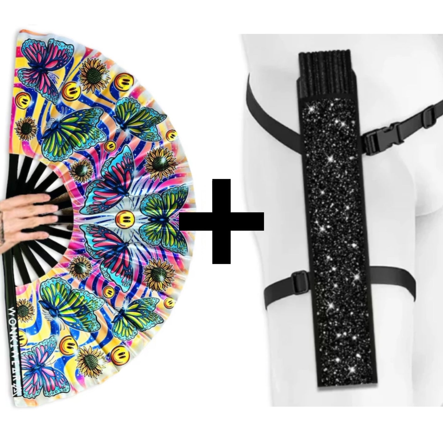 XL Butterfly Haven festival fan available with wearable black glitter fan holster bundle