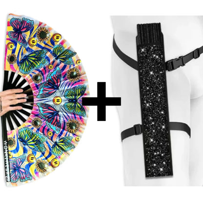 XL Butterfly Haven festival fan available with wearable black glitter fan holster bundle