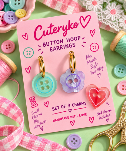 Button hoop earrings set of three with heart, circle and flower acrylic charms by Cuteryko