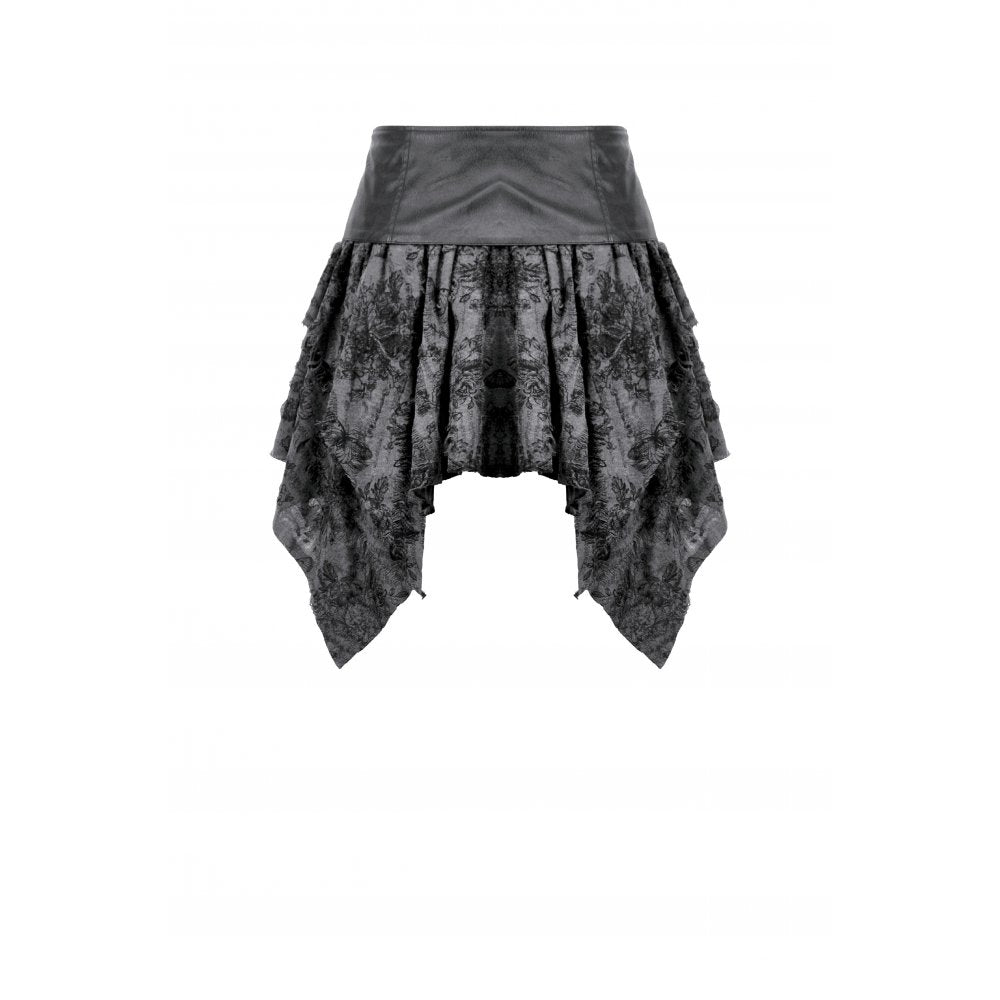Charcoal Black Lace-Up Asymmetric Mini Skirt with Faux Leather Waistband | Dark in Love