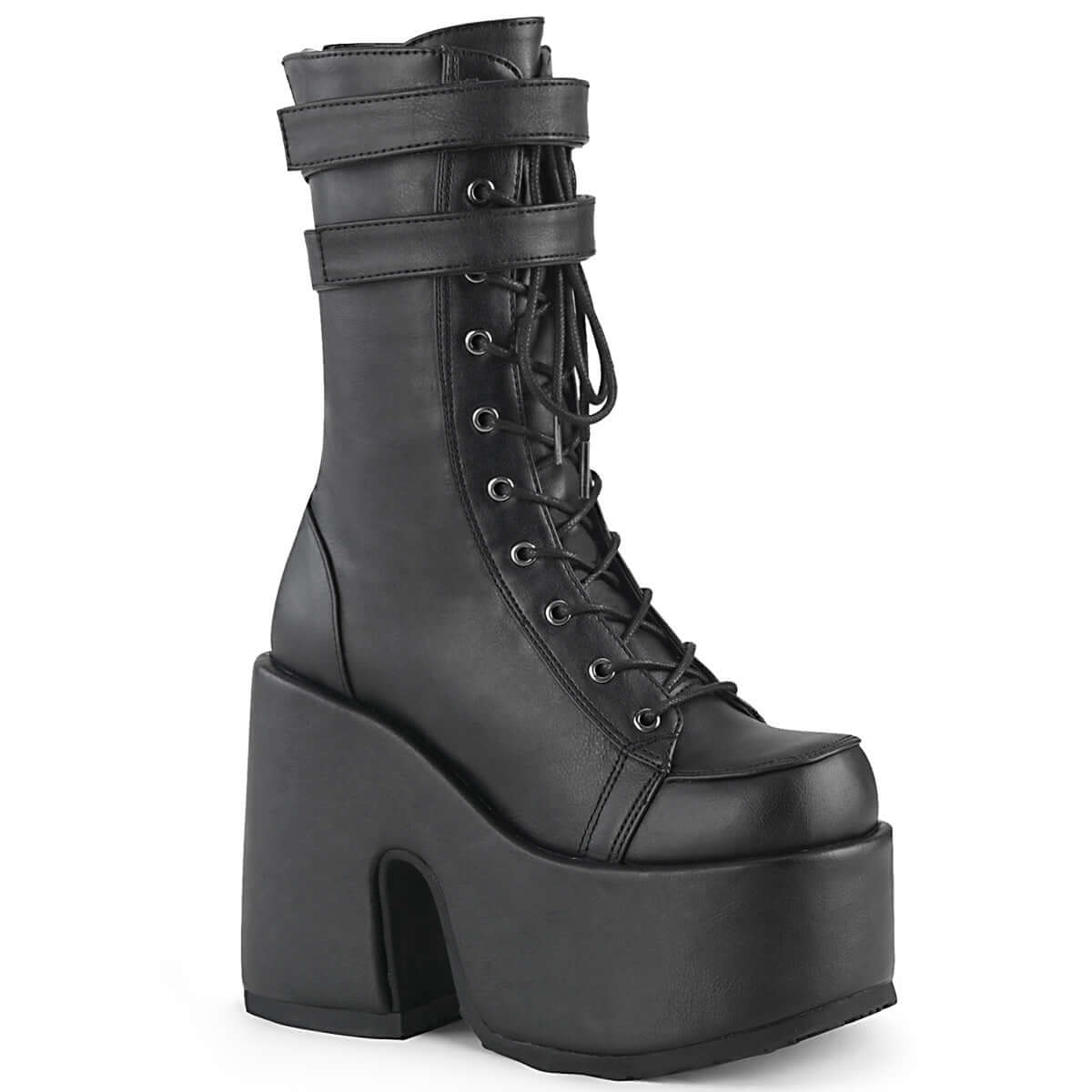 Black Mid-Calf Platform Boots with Lace-Up Front & Double Straps | Demoniacult