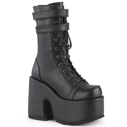 Black Mid-Calf Platform Boots with Lace-Up Front & Double Straps | Demoniacult