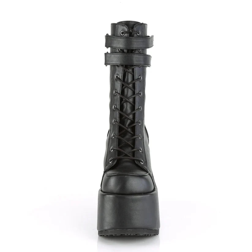 Black Mid-Calf Platform Boots with Lace-Up Front & Double Straps | Demoniacult