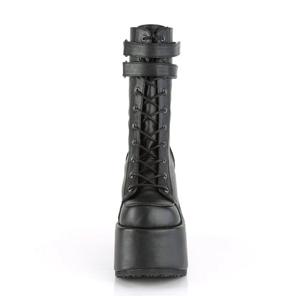 Black Mid-Calf Platform Boots with Lace-Up Front & Double Straps | Demoniacult