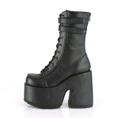 Black Mid-Calf Platform Boots with Lace-Up Front & Double Straps | Demoniacult