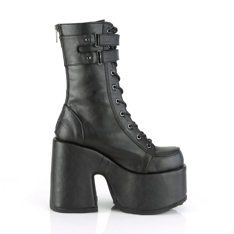 Black Mid-Calf Platform Boots with Lace-Up Front & Double Straps | Demoniacult