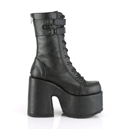 Black Mid-Calf Platform Boots with Lace-Up Front & Double Straps | Demoniacult