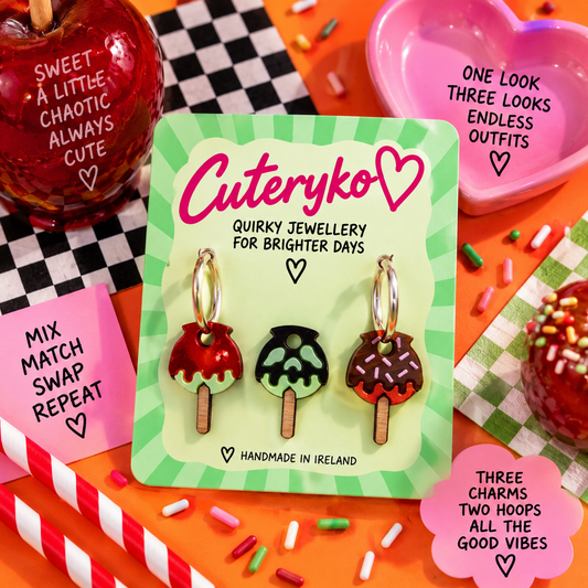 Candy Apple hoop earrings with three colourful candy apple charms and silver hoops by Cuteryko