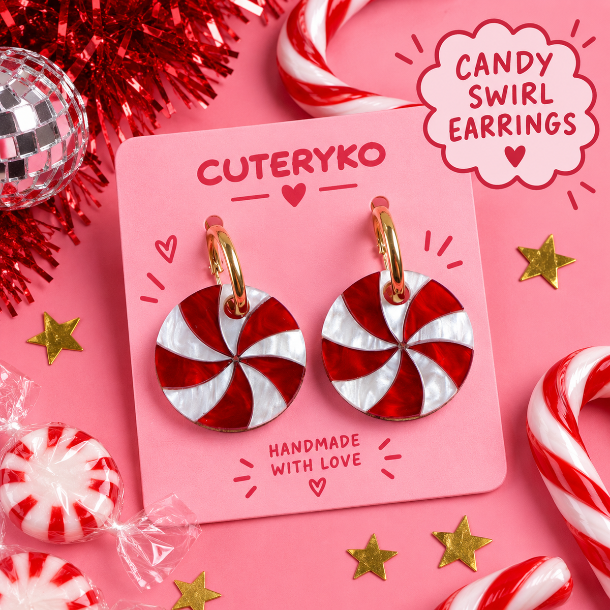 Candy Swirl hoop earrings with red and pearlescent white peppermint-style charms by Cuteryko